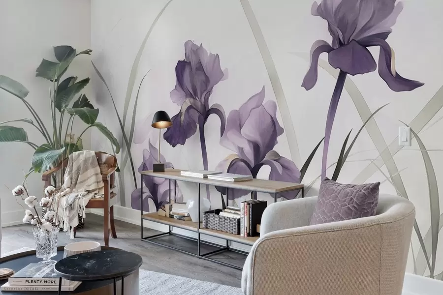 wall murals Љубичасти цветови ириса са зеленим стабљикама, стил акварела, бела позадина, меке боје, елегантно, уметничко w09425