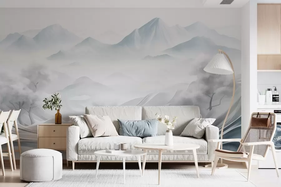 wall murals Снежни апстрактни декоративни планински пејзаж са белим дрвећем и маглом, минималистички текстурирани стил w09426