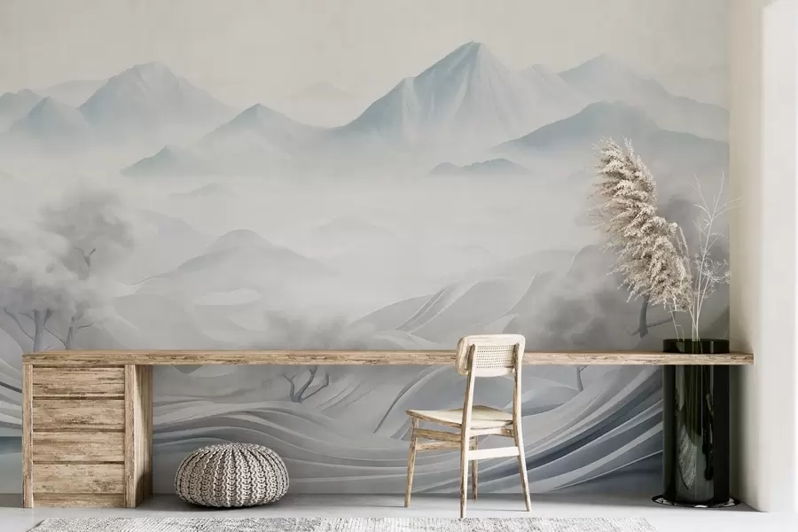 wall murals Снежни апстрактни декоративни планински пејзаж са белим дрвећем и маглом, минималистички текстурирани стил w09426