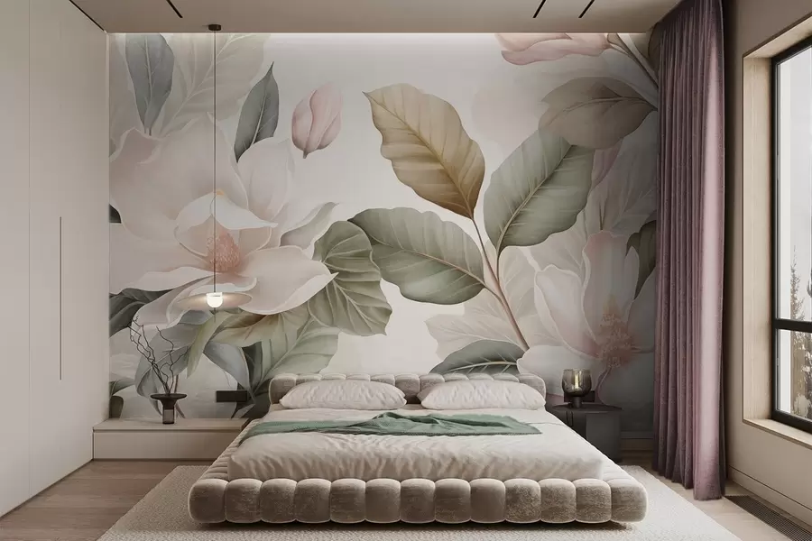 wall murals Цветови магнолије са листовима у пастелним бојама, белим, ружичастим и зеленим, меким, нежним, акварел стилом w09427
