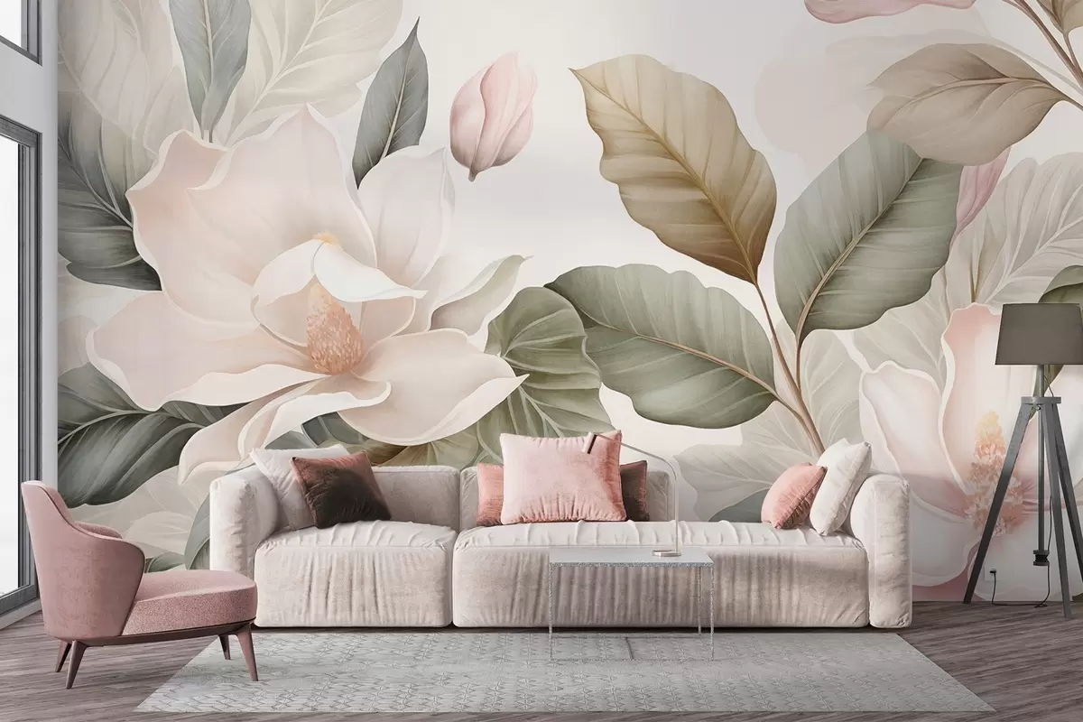 wall murals Цветови магнолије са листовима у пастелним бојама, белим, ружичастим и зеленим, меким, нежним, акварел стилом w09427
