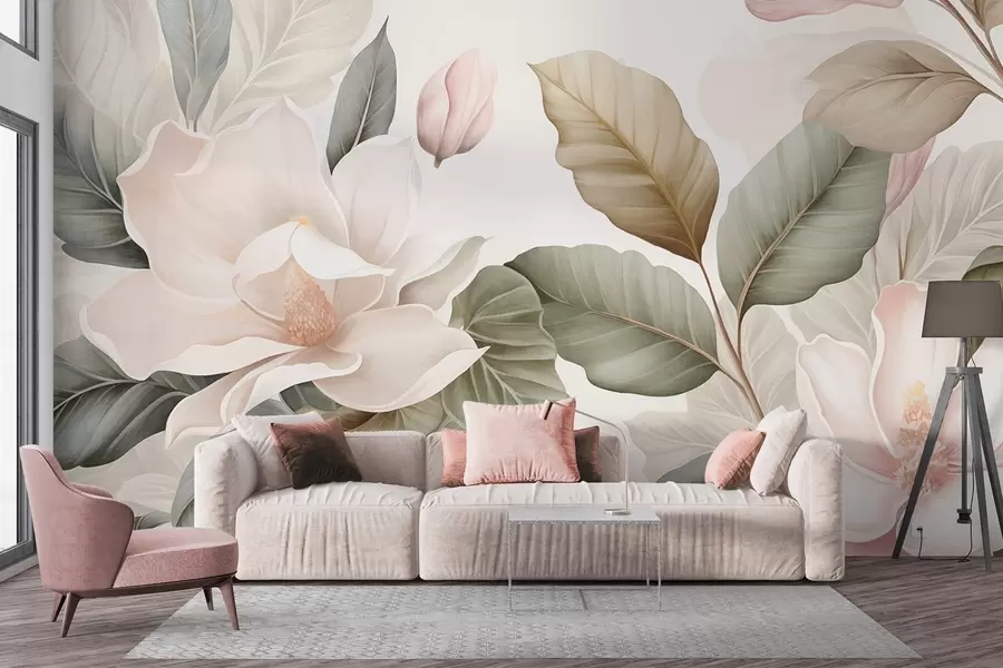 wall murals Цветови магнолије са листовима у пастелним бојама, белим, ружичастим и зеленим, меким, нежним, акварел стилом w09427
