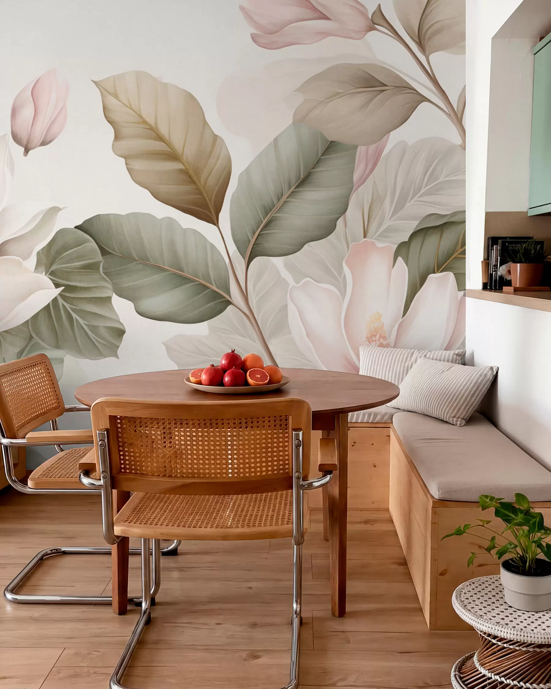 wall murals Цветови магнолије са листовима у пастелним бојама, белим, ружичастим и зеленим, меким, нежним, акварел стилом w09427