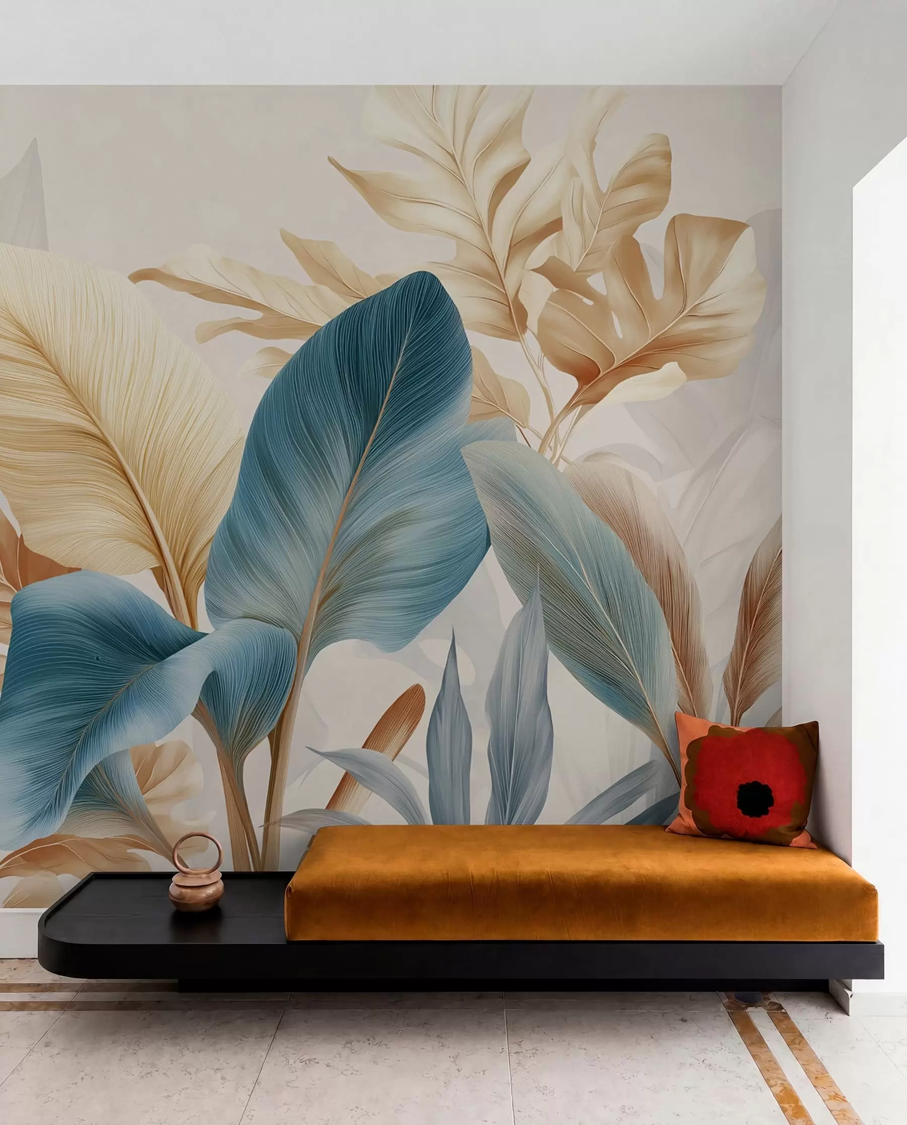 wall murals Lišće u petrolej i oker boji w04589
