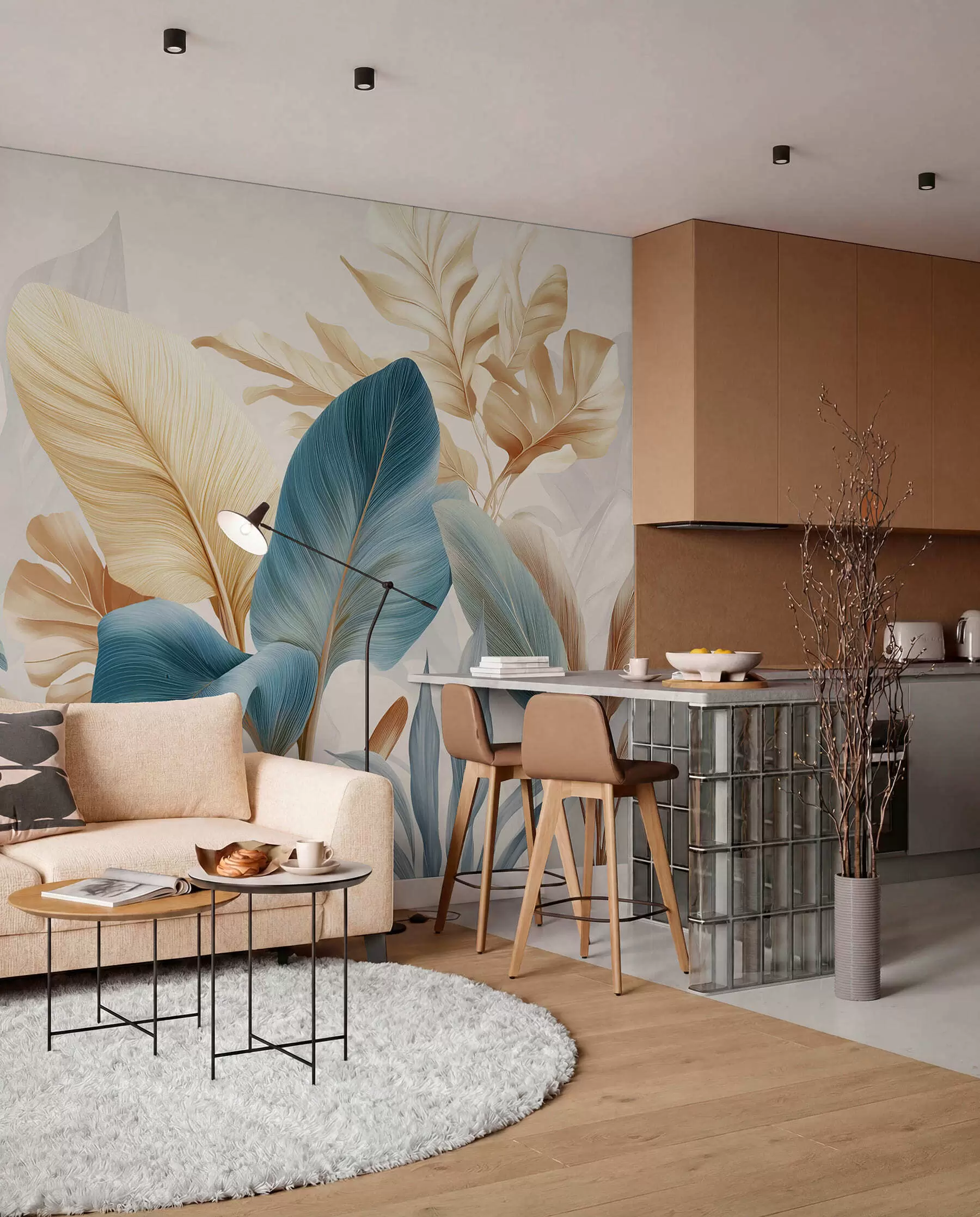 wall murals Lišće u petrolej i oker boji w04589