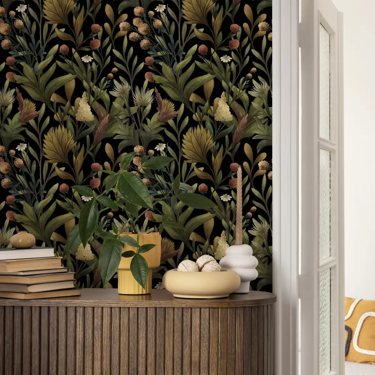 Позадина Ботаничка башта на црној позадини, топла јесења палета a00619