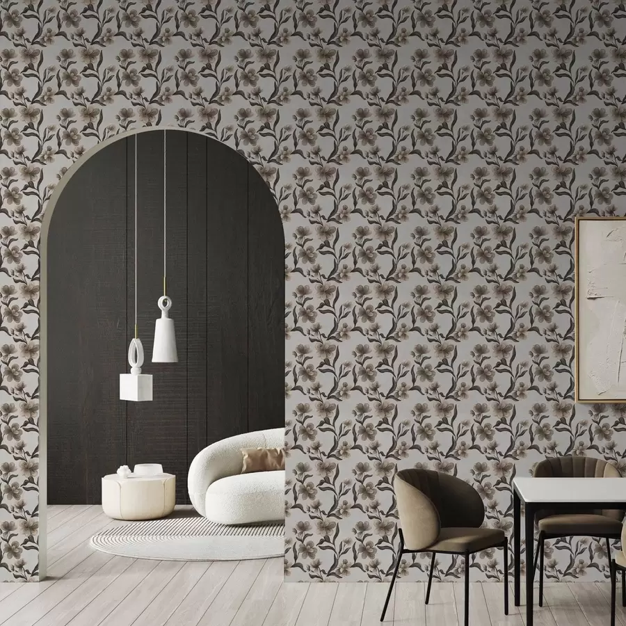 wall murals Беж цвеће и тамне гране на светло сивој позадини a00626v1