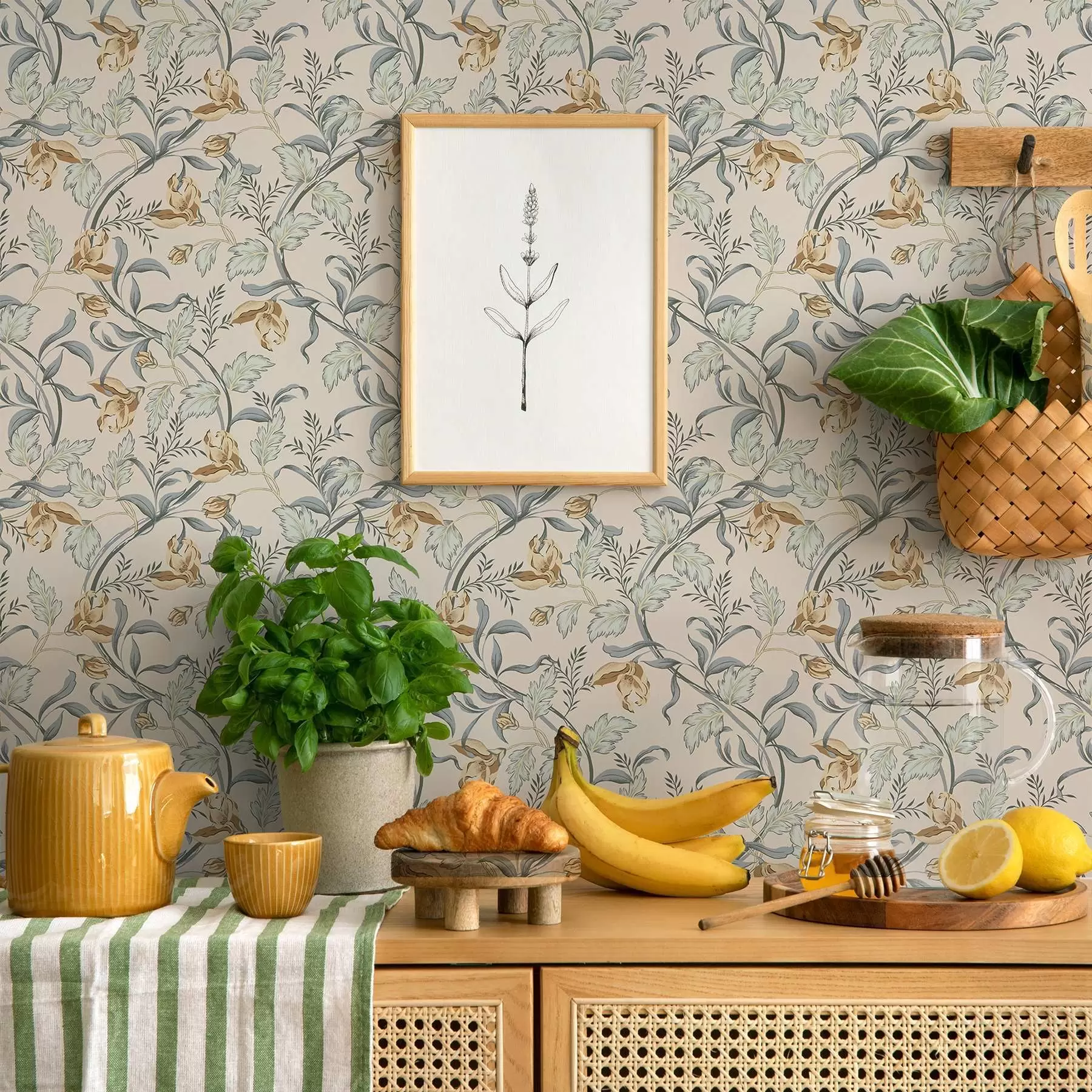 wall murals Винтажно цвеће са плавим лишћем на кремастој позадини a00717