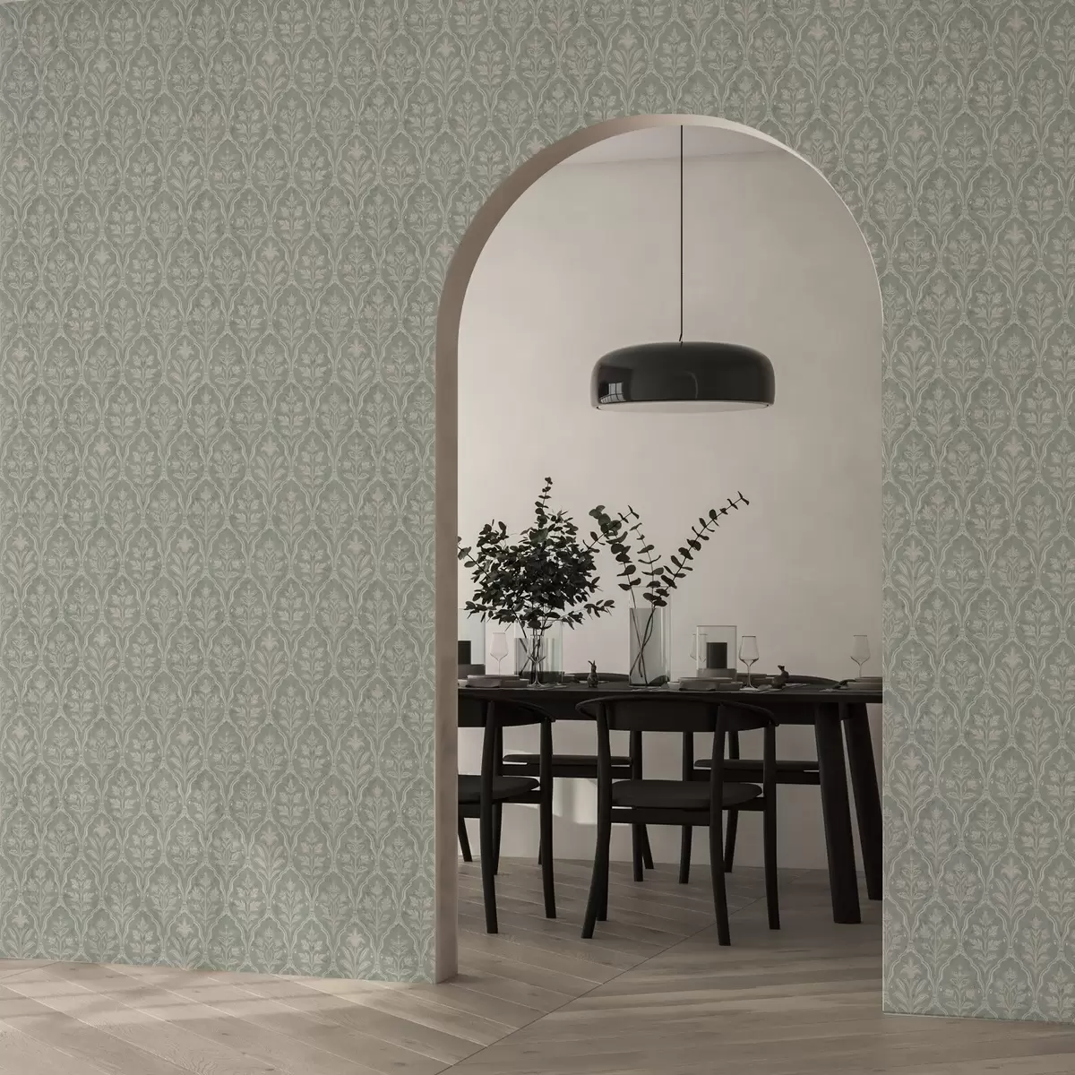 Позадина Дамаск боје менте са финим цветним медаљонима a00741