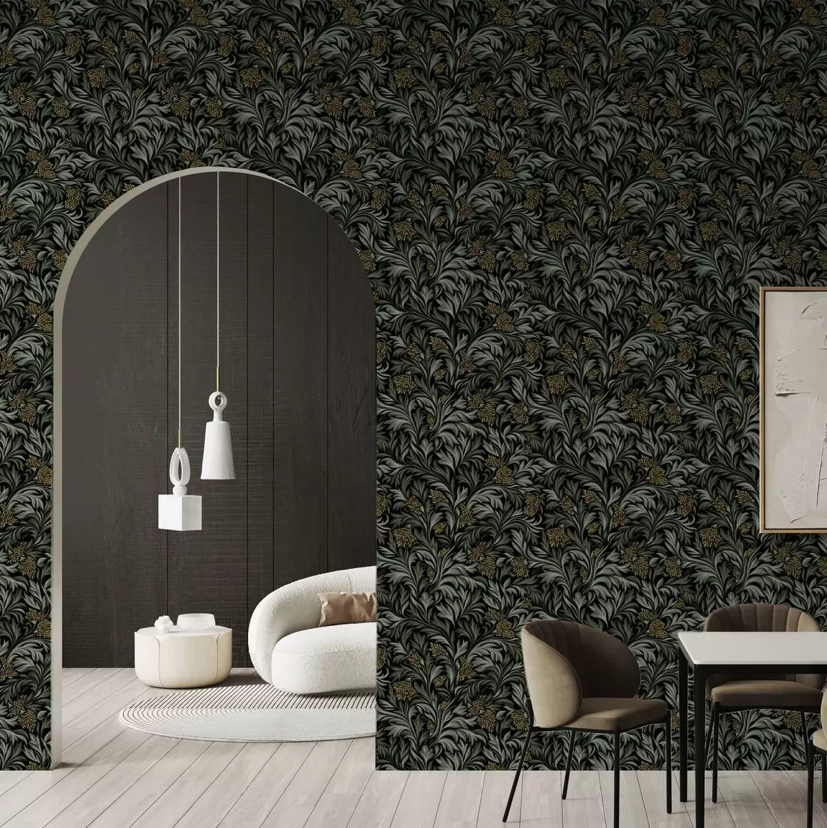 Позадина Тамни листови акантуса са златним шишарима на црној боји a00745