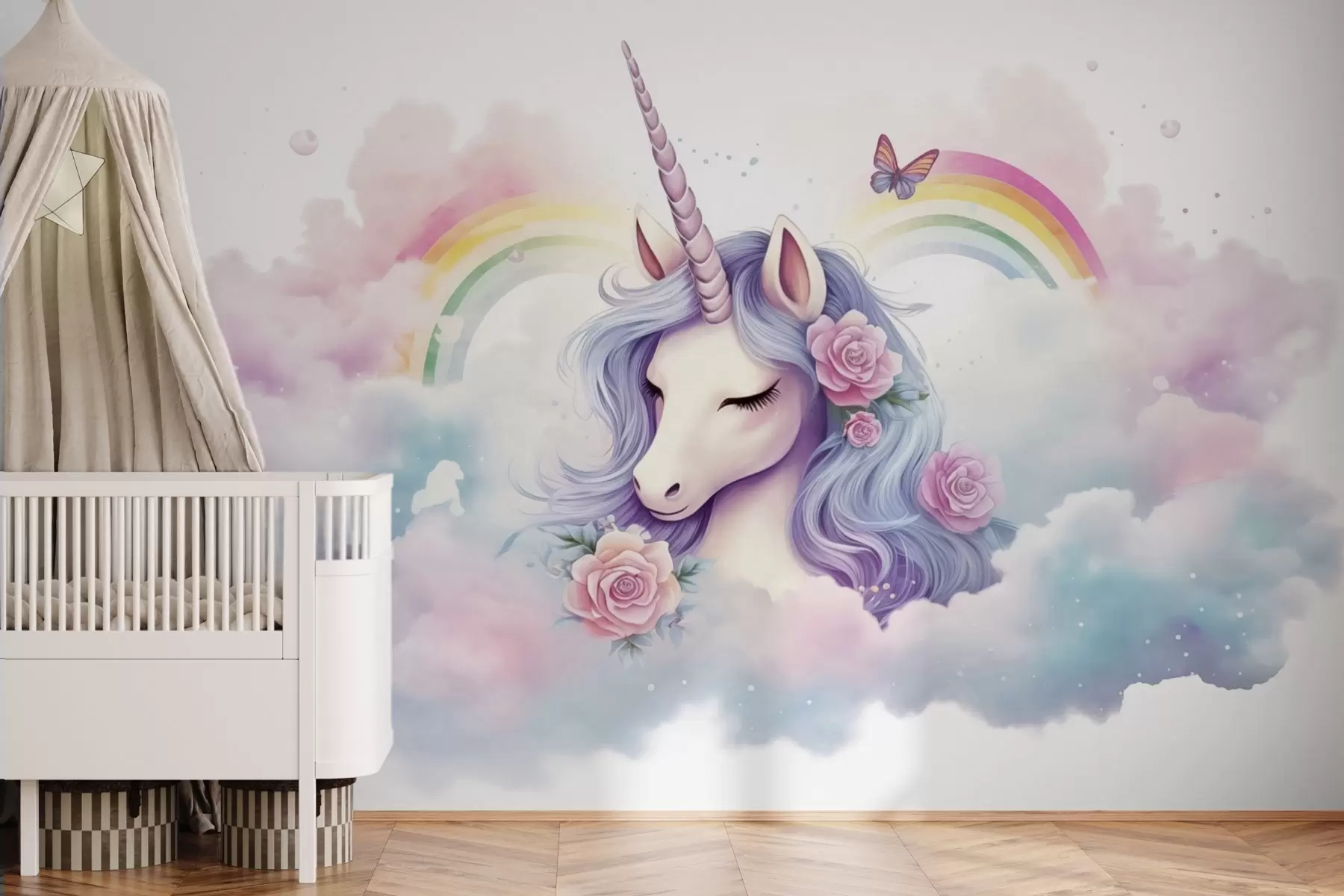 wall murals Пастелни једнорог у облацима са дугом и ружама w03990