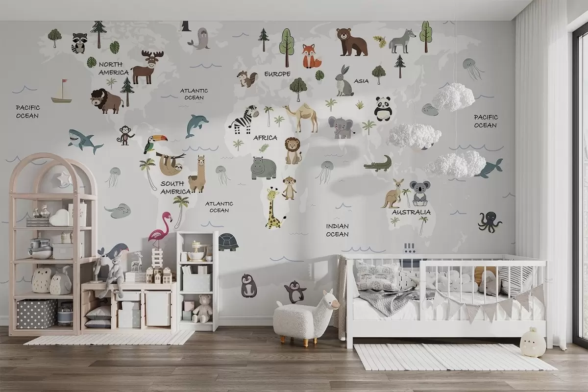 wall murals Мапа света са животињама w04663