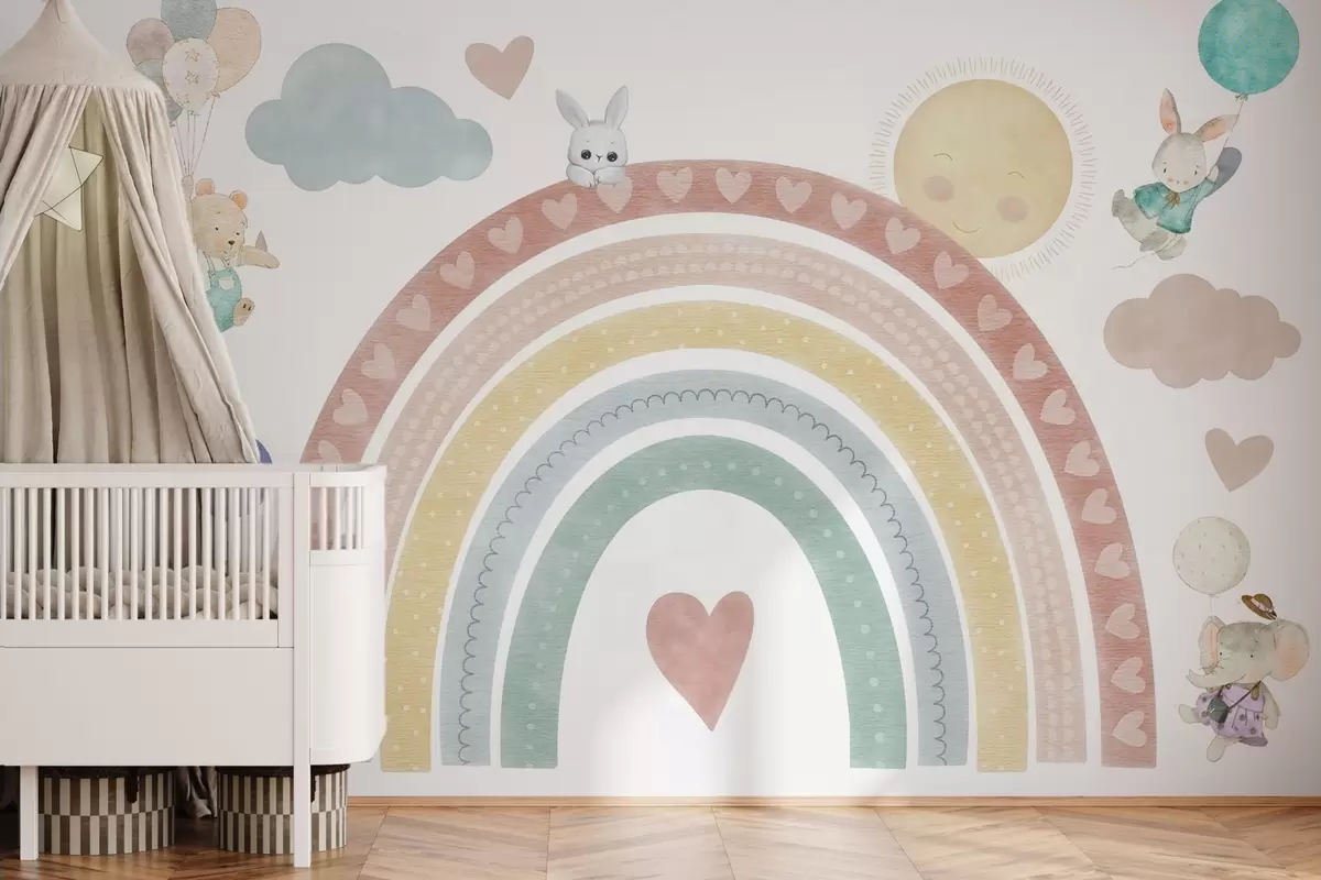 wall murals Пастелна дуга са срцима, животињама и балонима w04681
