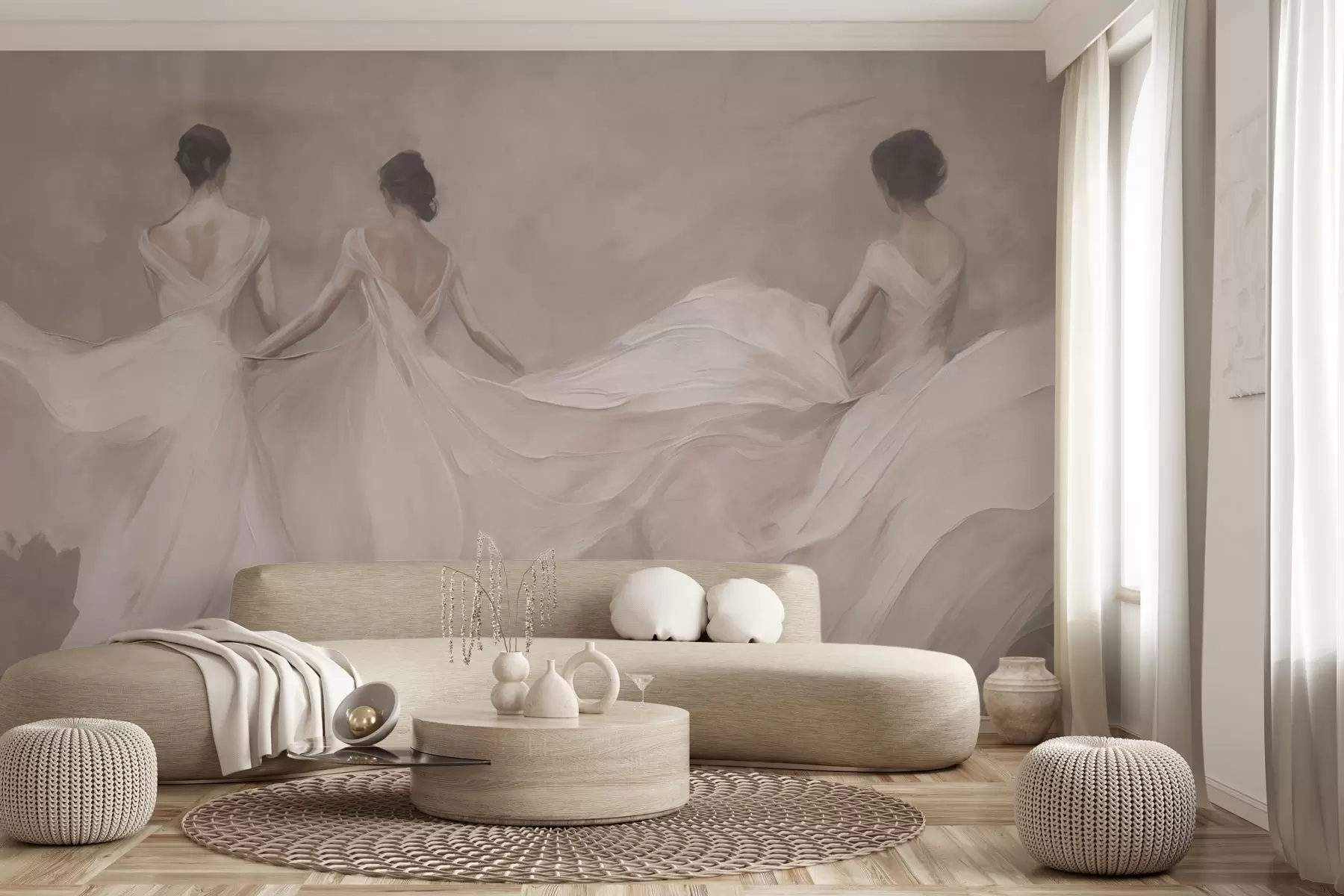 wall murals Три жене у ружичастим хаљинама, лепршава тканина, мекоћа w04709