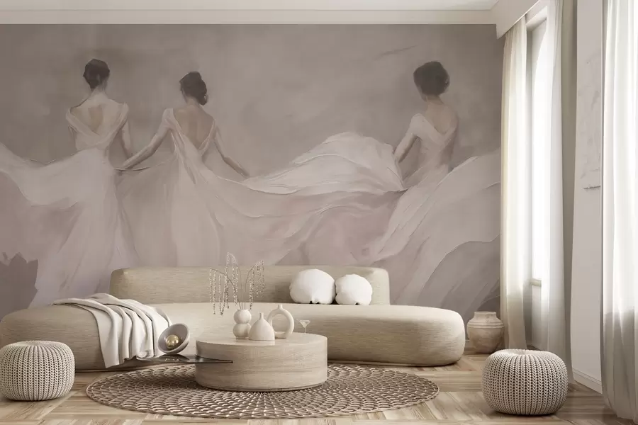 wall murals Три жене у ружичастим хаљинама, лепршава тканина, мекоћа w04709