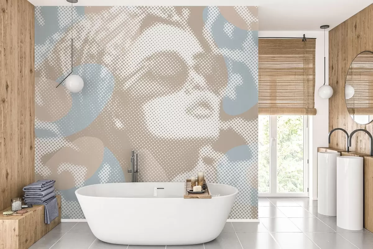 wall murals Портрет жене на леопард позадини у тачкастом стилу у беж и плавим тоновима w04630