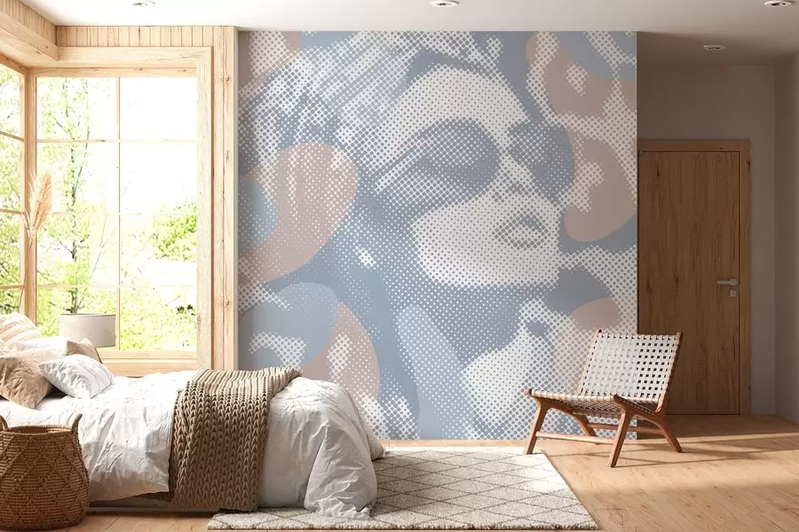 wall murals Портрет жене на леопард позадини у тачкастом стилу у плавим тоновима w04630v1