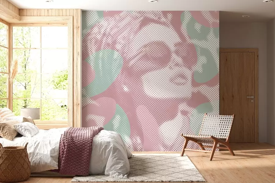 wall murals Портрет жене на леопард позадини у тачкастом стилу у ружичастим и зеленим тоновима w04630v2
