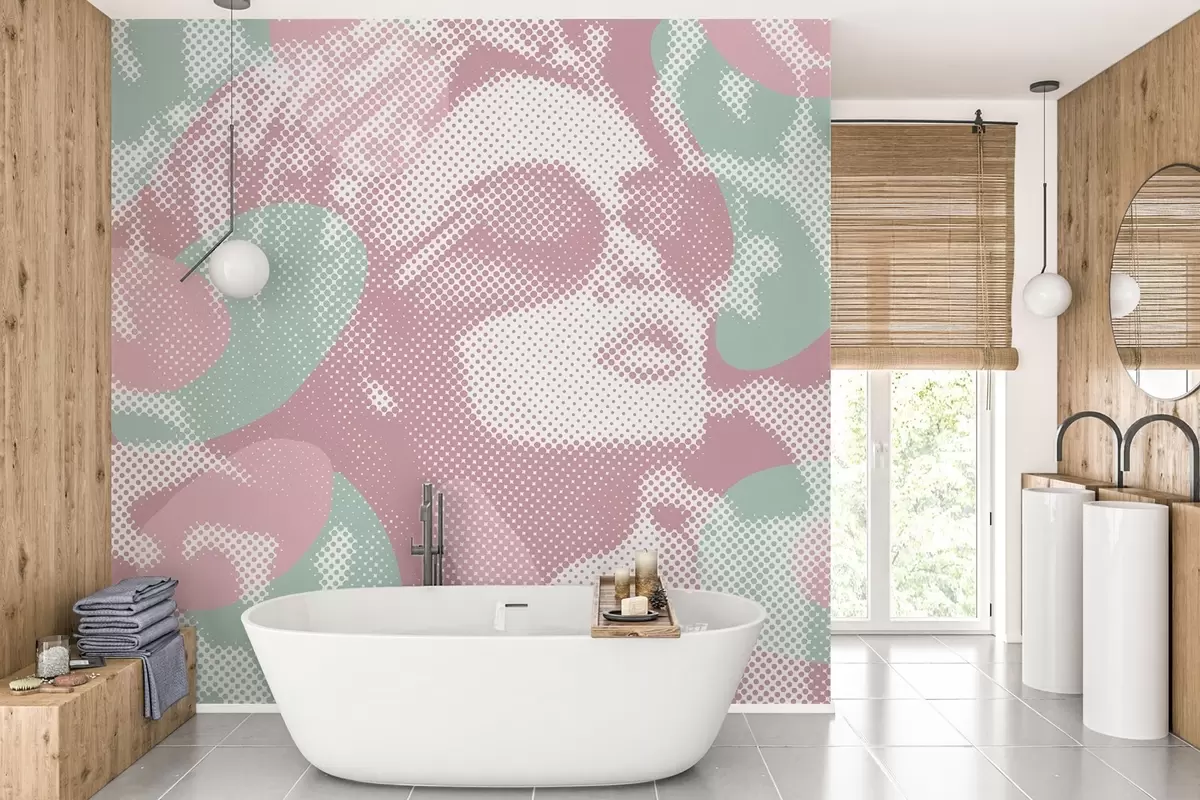 wall murals Портрет жене на леопард позадини у тачкастом стилу у ружичастим и зеленим тоновима w04630v2