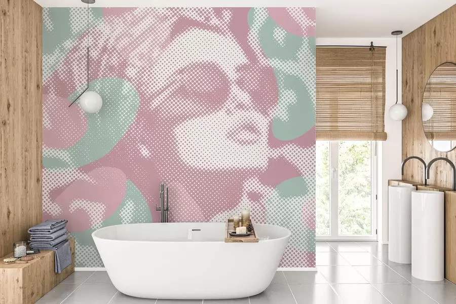 wall murals Портрет жене на леопард позадини у тачкастом стилу у ружичастим и зеленим тоновима w04630v2