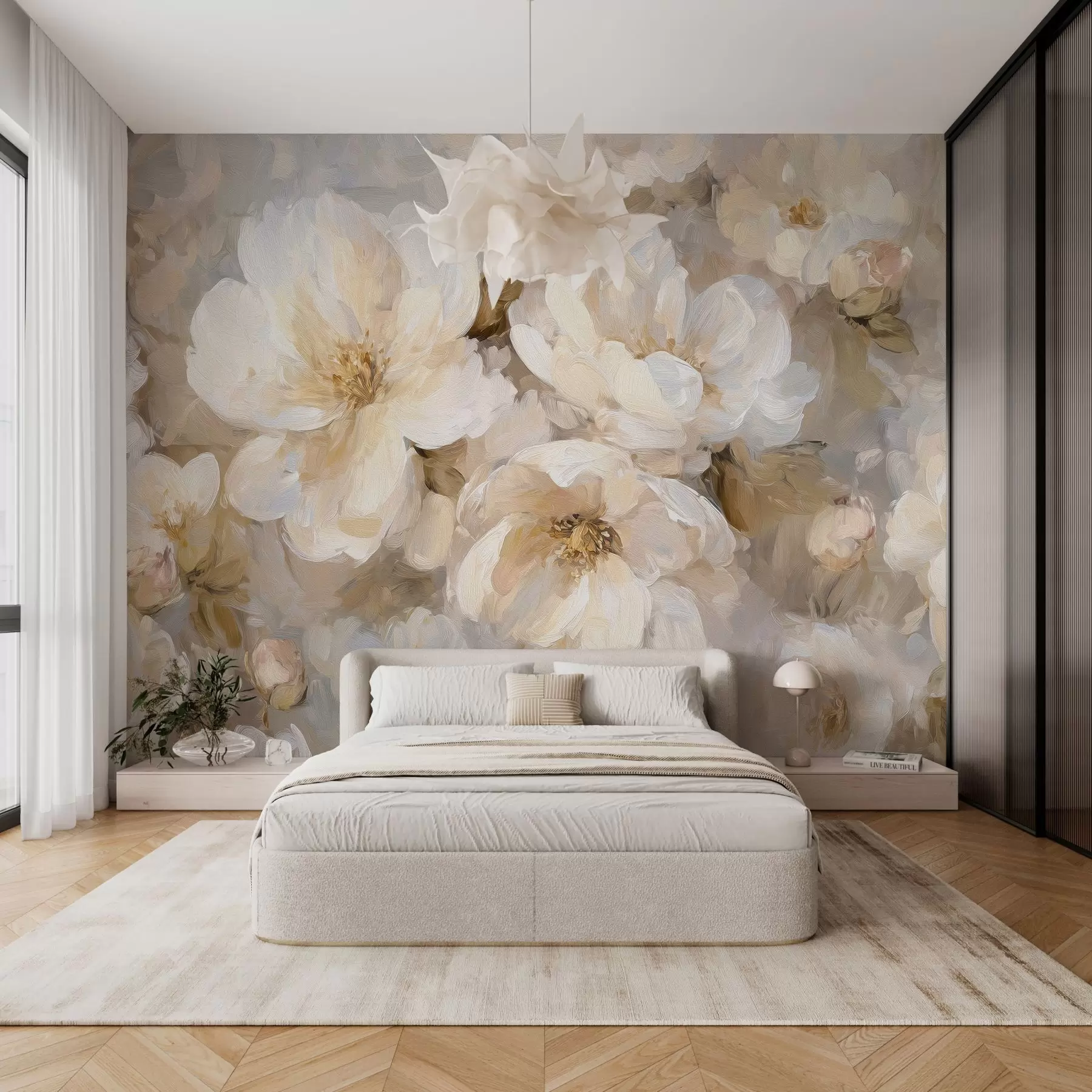 wall murals велико цвеће у белим и беж тоновима у стилу уљаног сликарства w04633