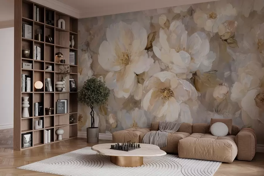 wall murals велико цвеће у белим и беж тоновима у стилу уљаног сликарства w04633