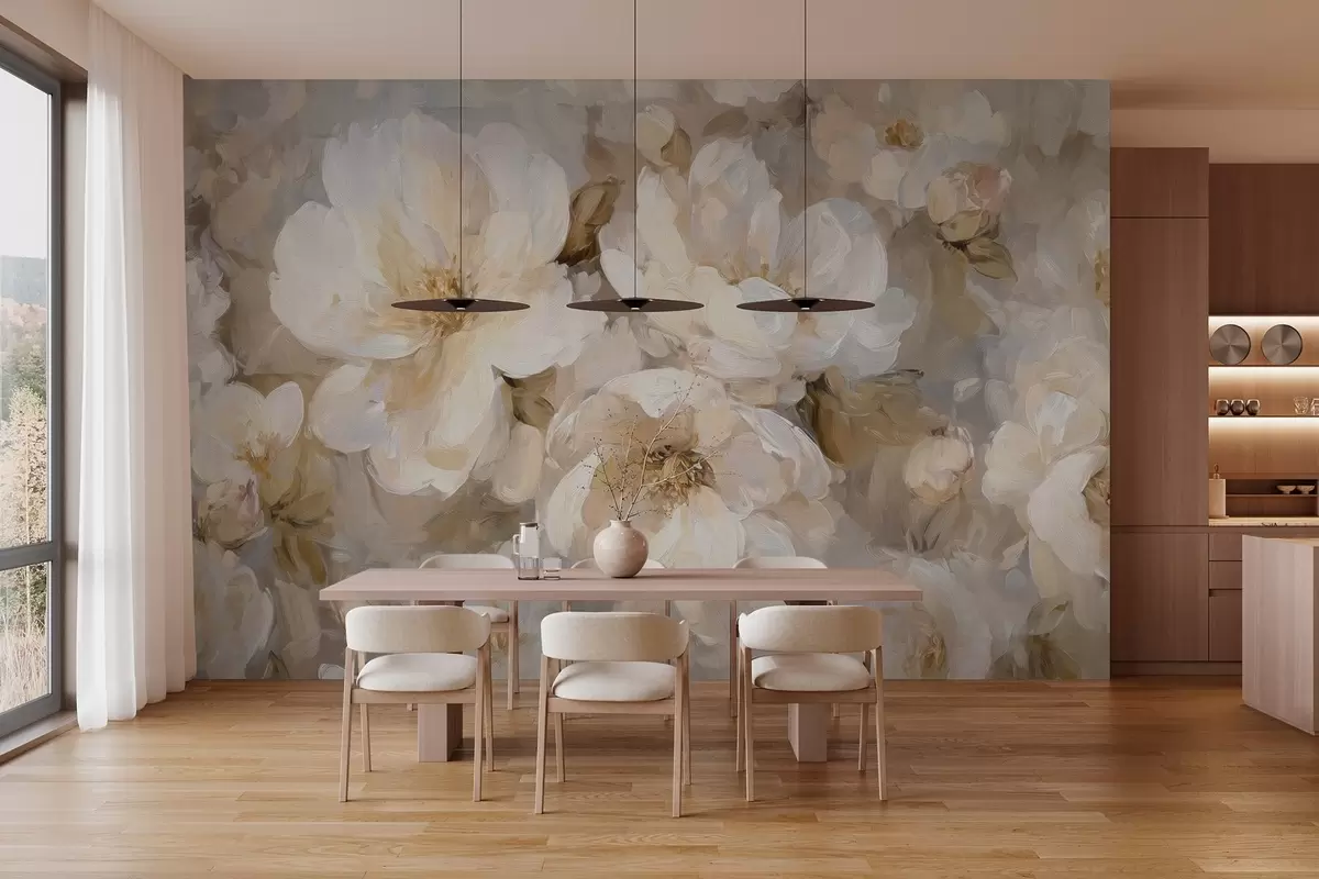 wall murals велико цвеће у белим и беж тоновима у стилу уљаног сликарства w04633