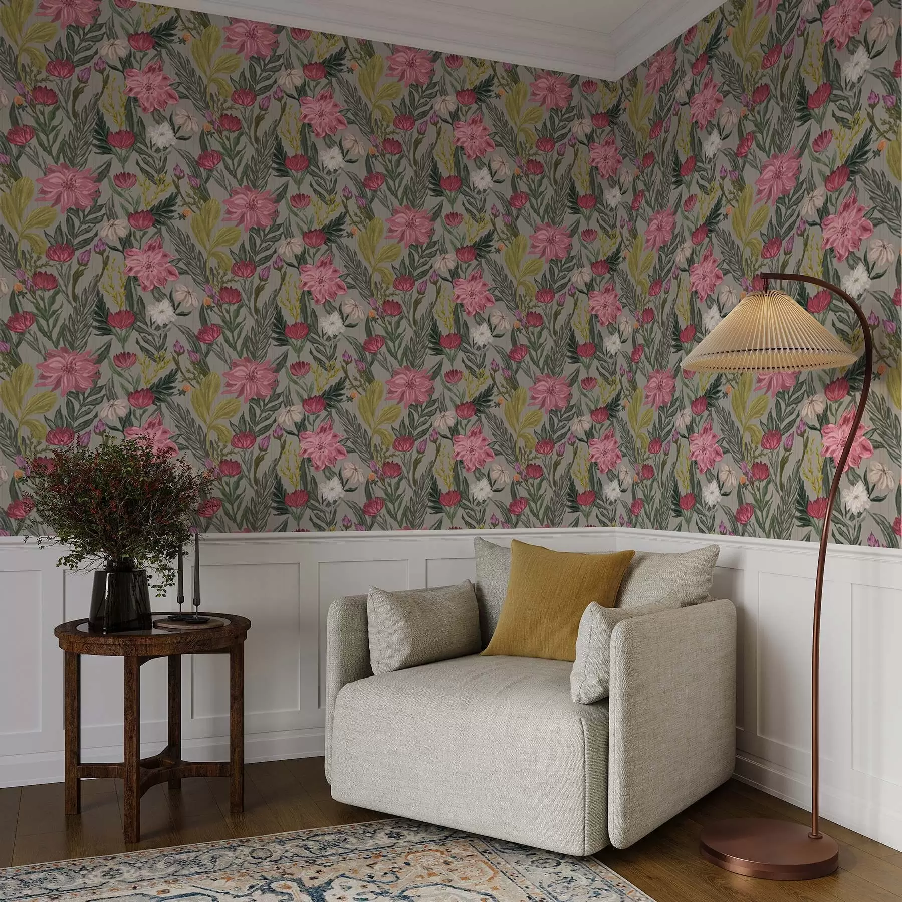 wall murals Бујно ружичасто и кремасто цвеће на сивој позадини, импасто текстура a00629