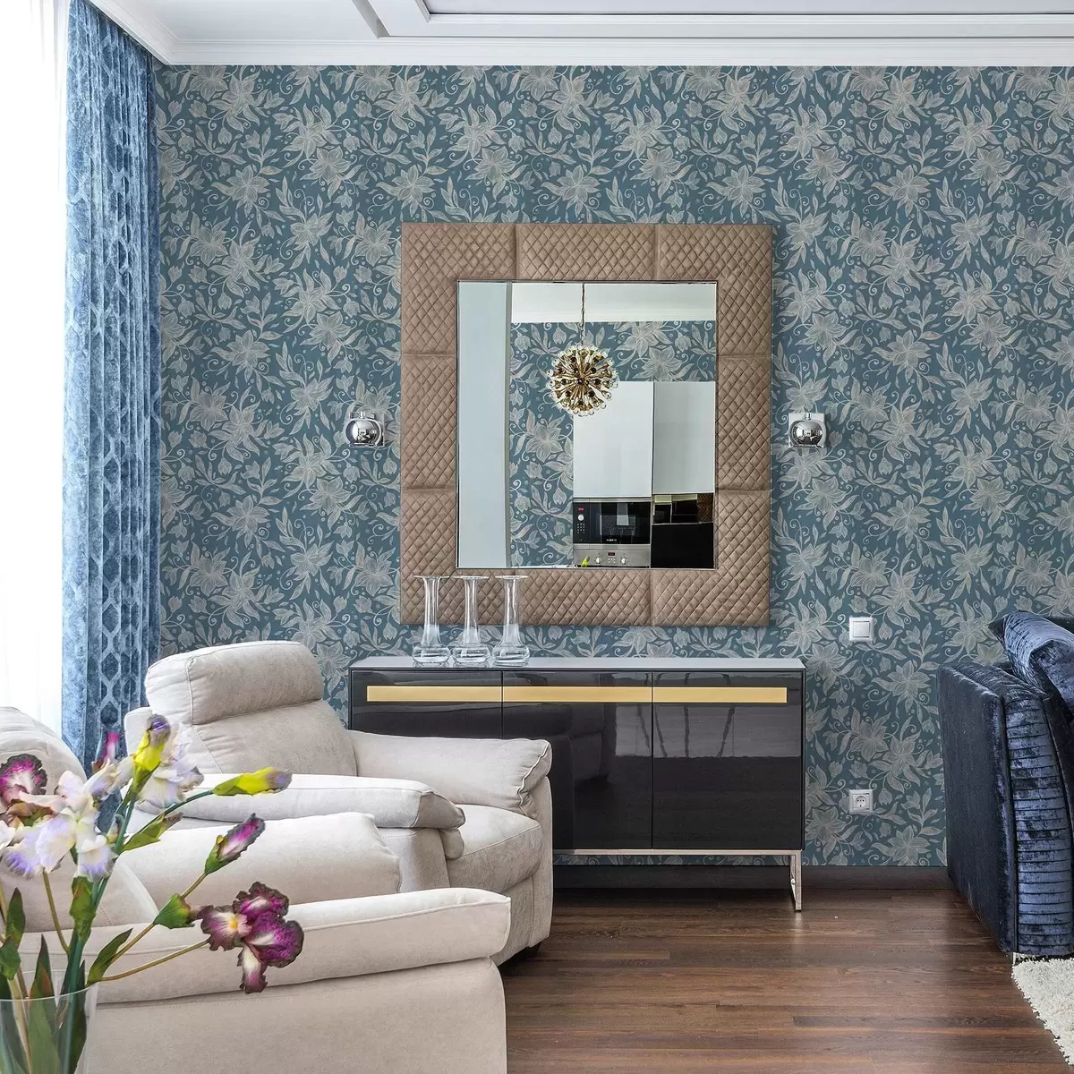 Позадина Крем линеарно цвеће на плавој позадини, нежни спирале a00630