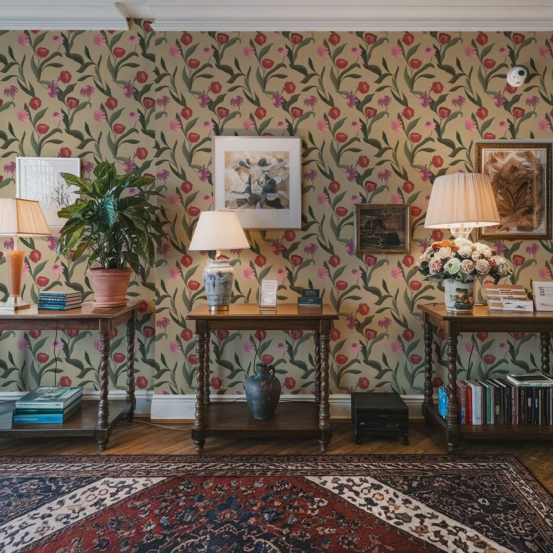 wall murals Ружичасто-црвени цветови на беж позадини, ручно цртана текстура a00631