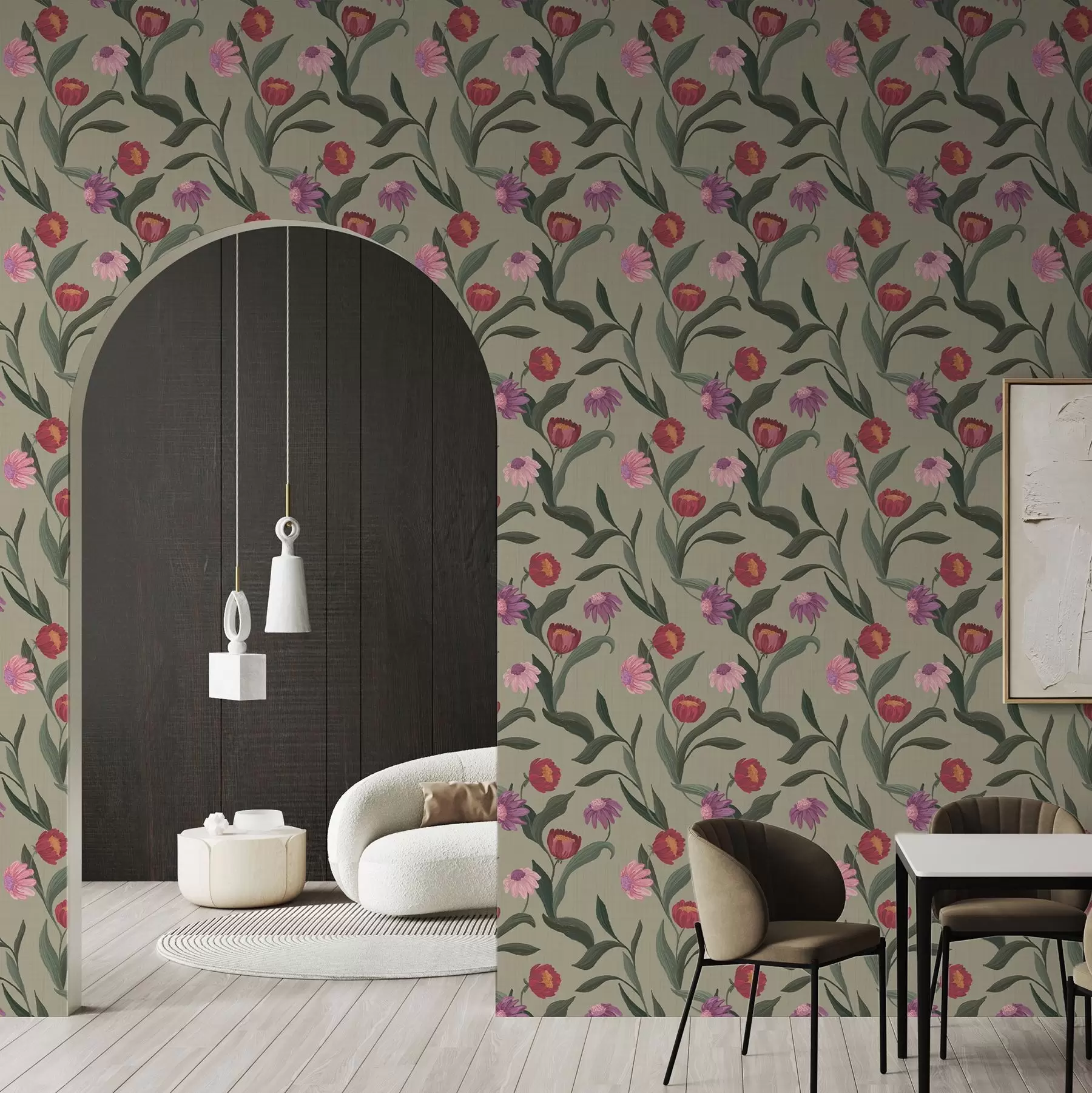 wall murals Ружичасто-црвени цветови на маслинастој позадини, текстура платна a00631v1