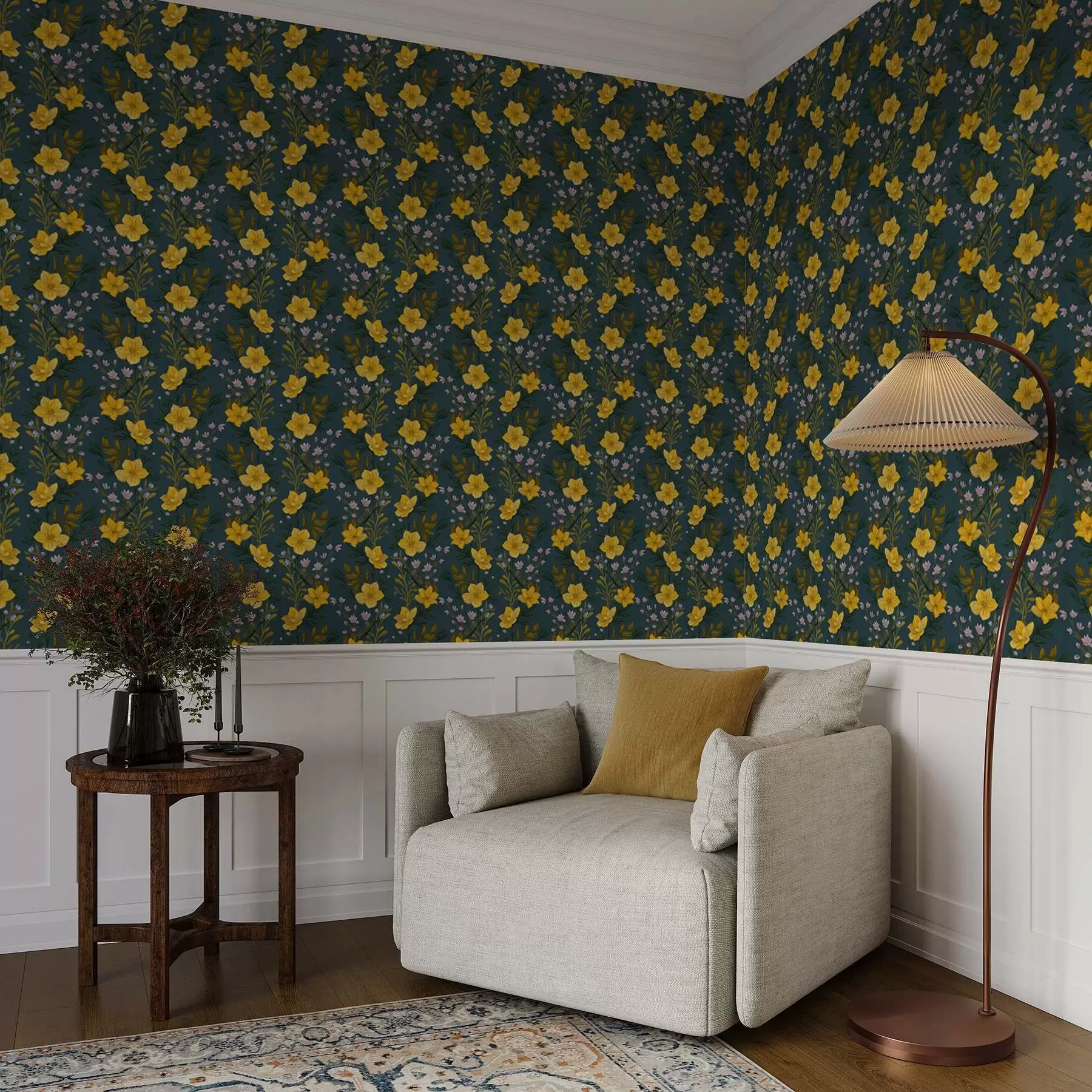 wall murals Жуто цвеће у вертикалним гирландама на тамноплавој позадини a00632v2
