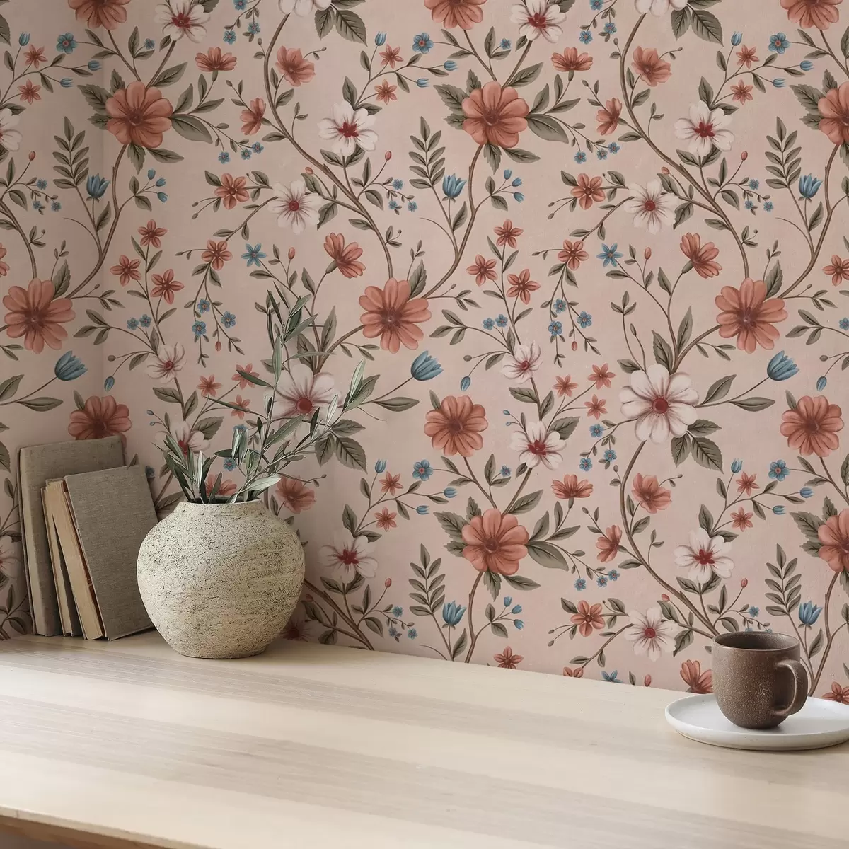 Позадина Ружичасто-корални цветови и лишће на прашњаво ружичастој боји a00667