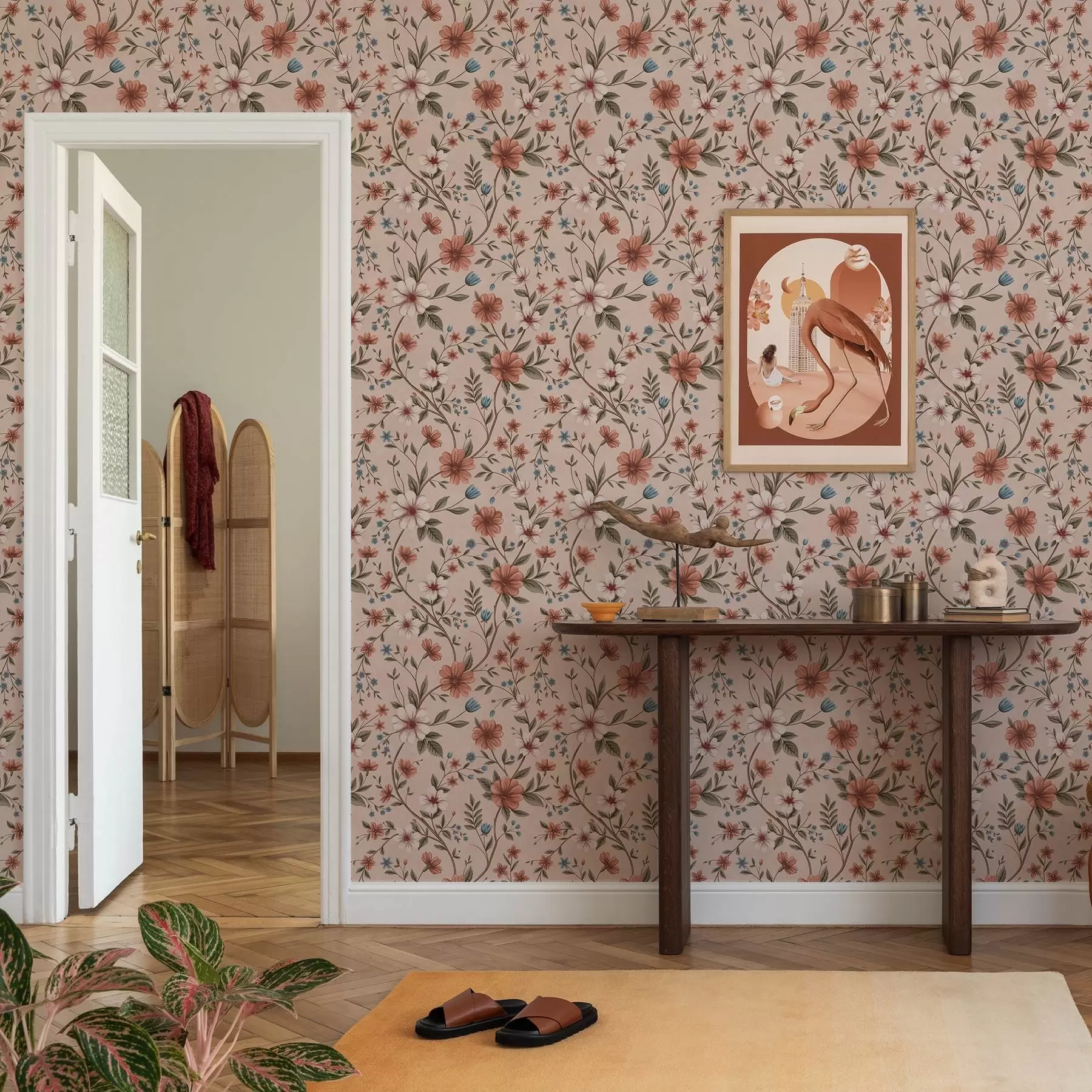 wall murals Ружичасто-корални цветови и лишће на прашњаво ружичастој боји a00667
