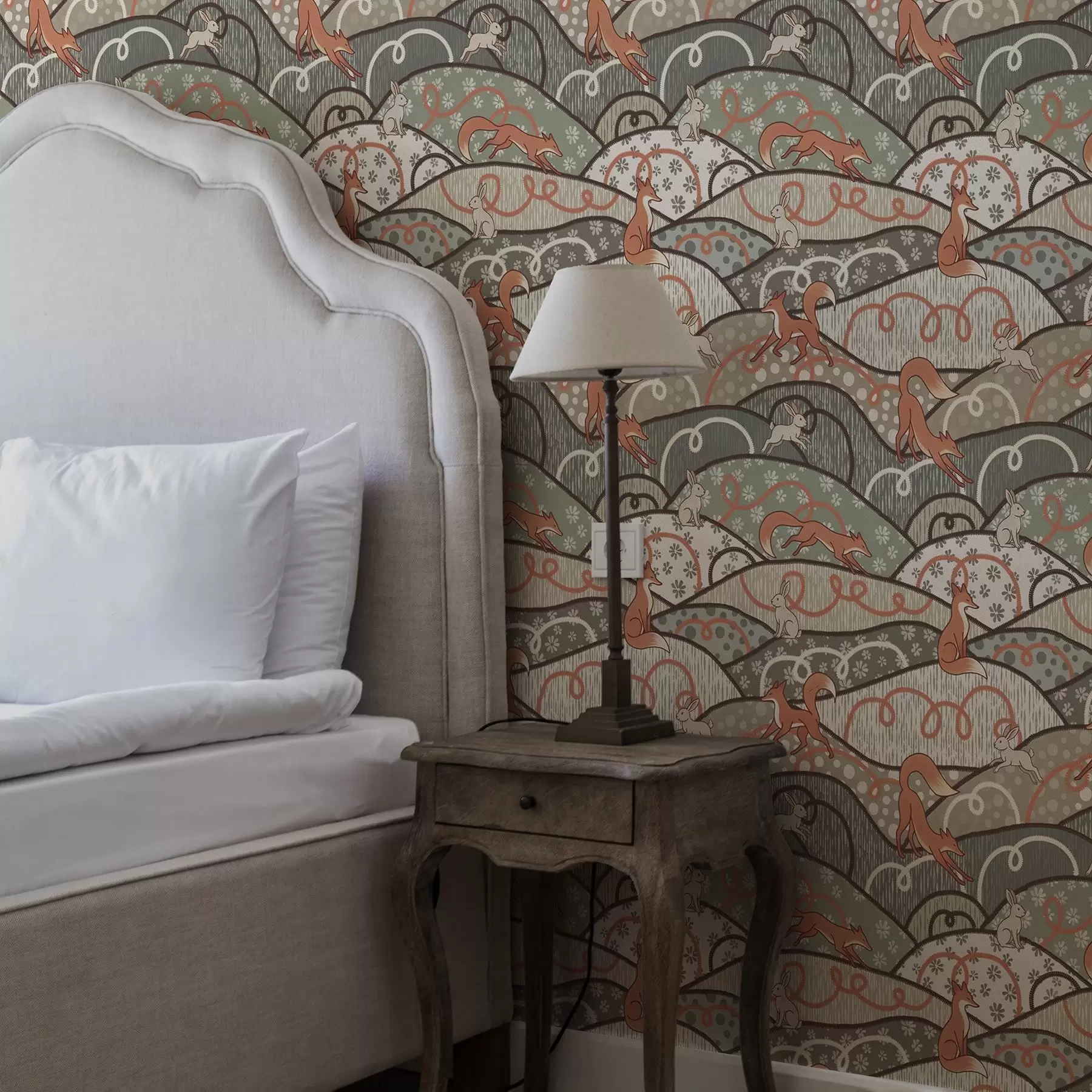 wall murals Лисице и зечеви на валовитим брдима, ретро узорак a00690