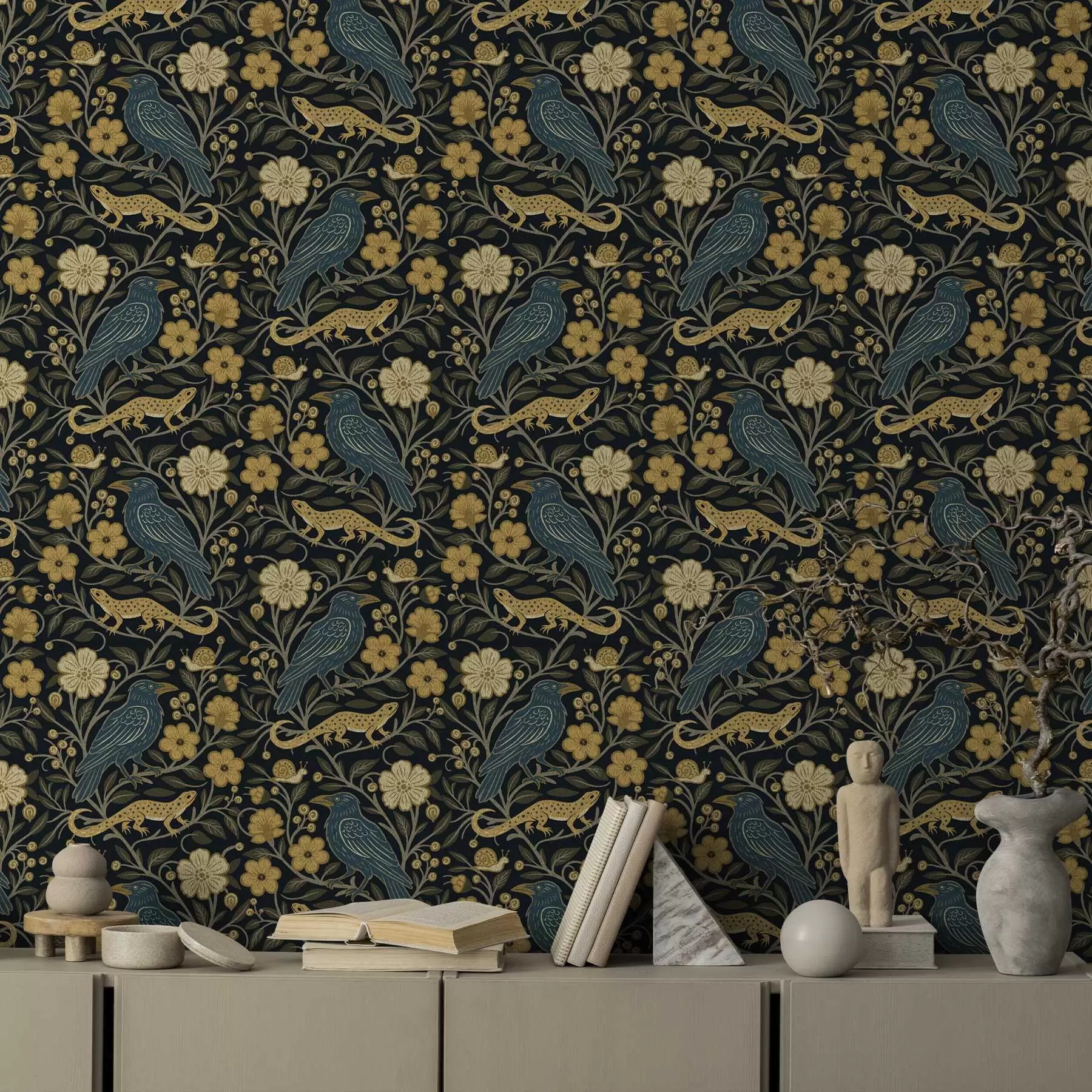 wall murals Птице, гуштери и пужеви међу цвећем на тамној позадини a00691