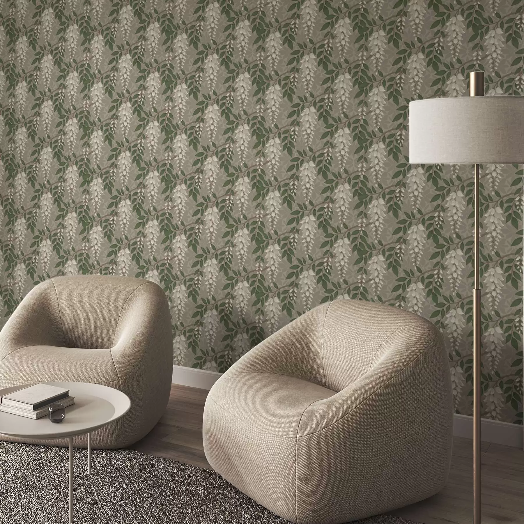 wall murals Светла глицинија на сиво-маслинастој позадини, каскадни гроздови a00694