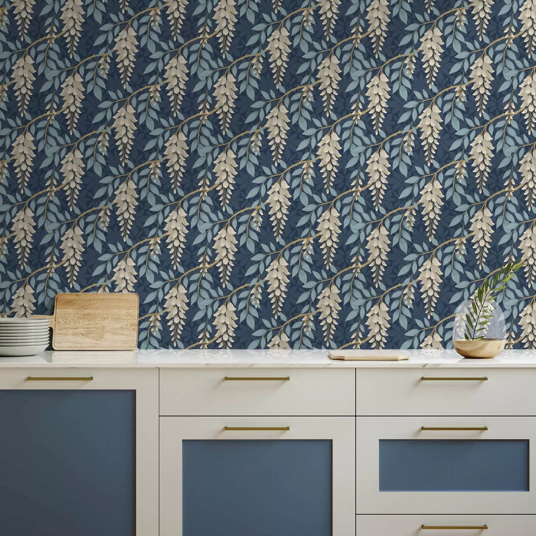 wall murals Глицинија са плавим листовима на тамноплавој позадини a00694v2