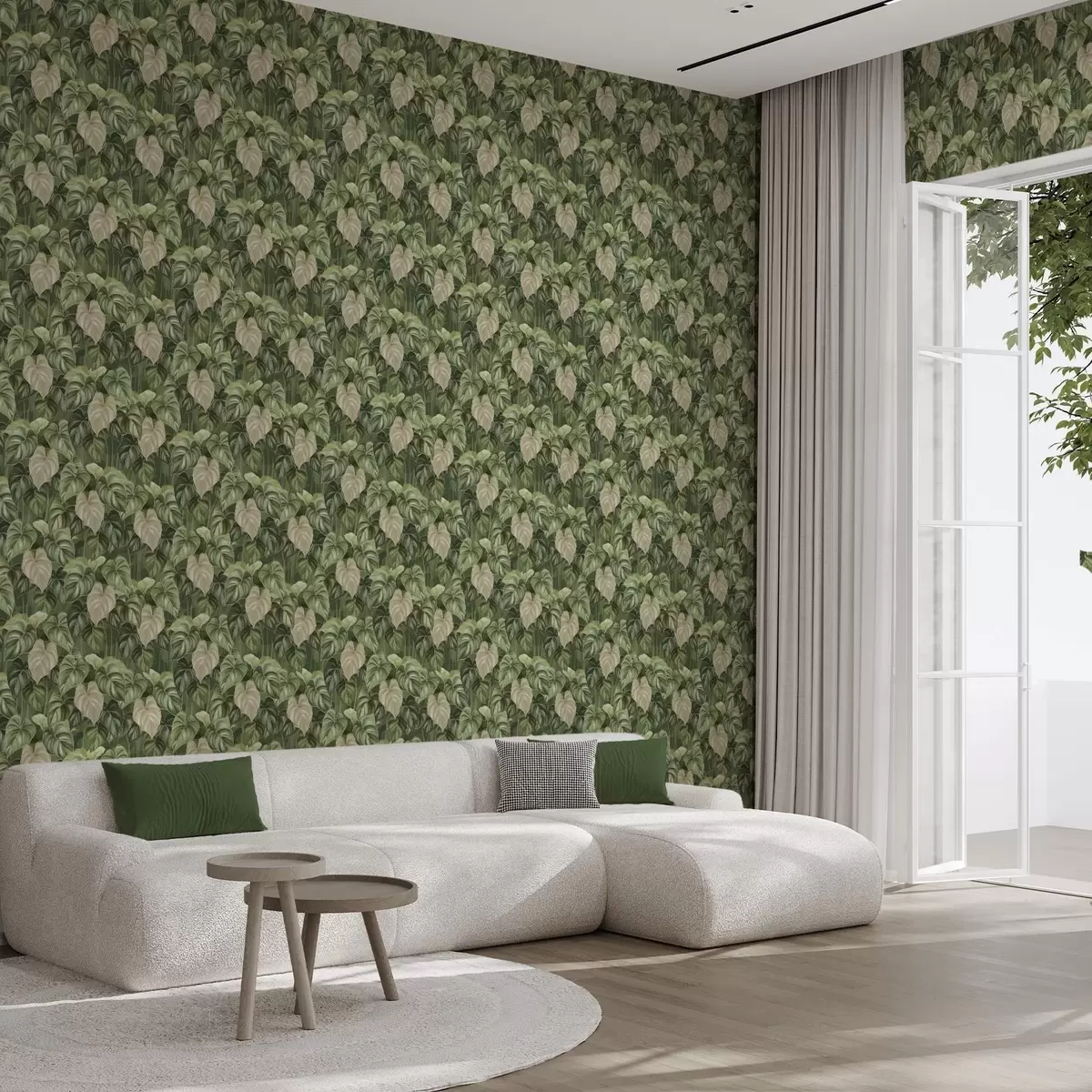 Позадина Бујни листови филодендрона у нијансама зелене и боје слоноваче a00695