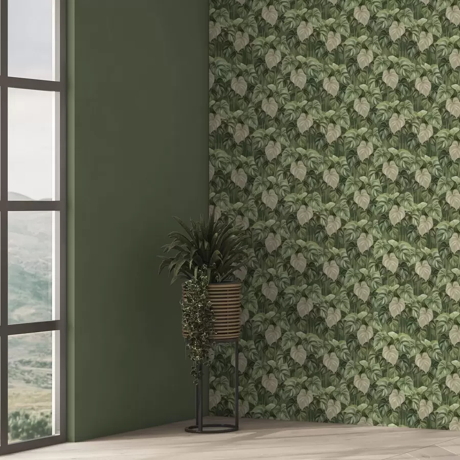 wall murals Бујни листови филодендрона у нијансама зелене и боје слоноваче a00695
