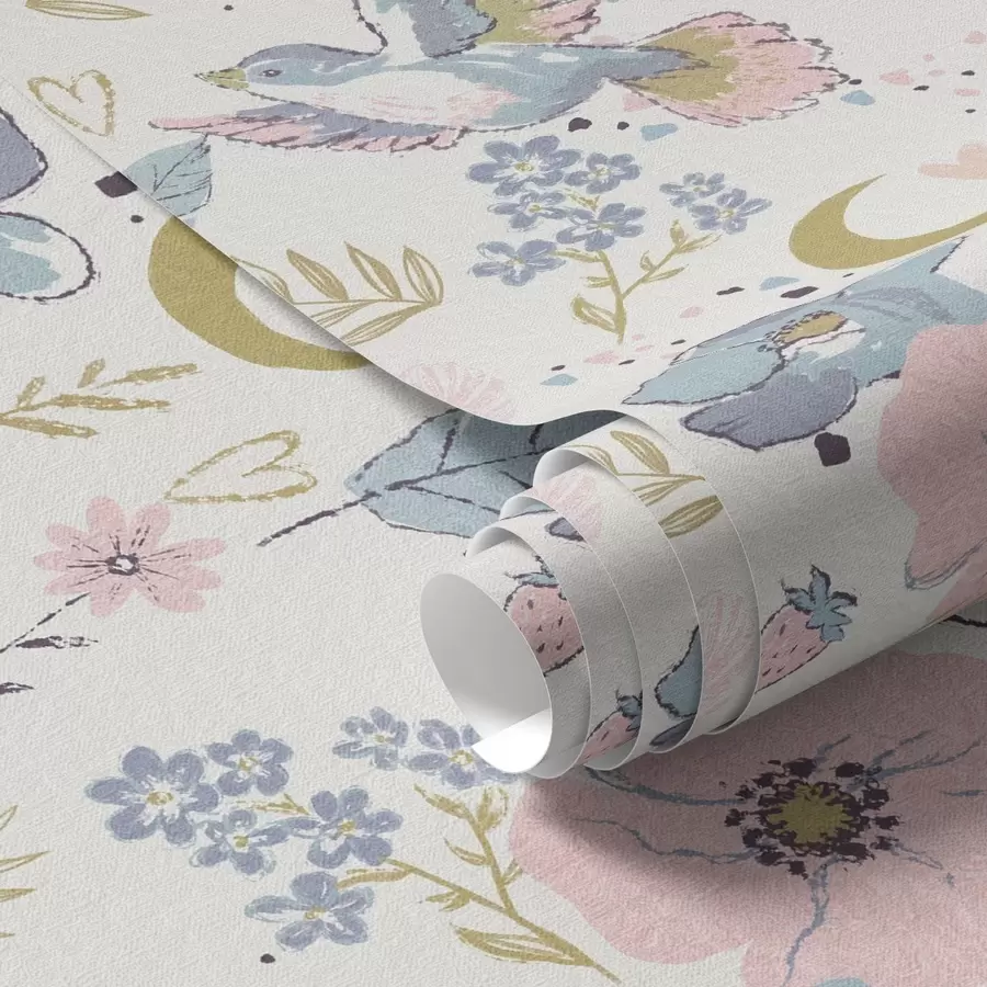 wall murals Пастелне птице и цвеће са полумесецом на белој позадини a00721