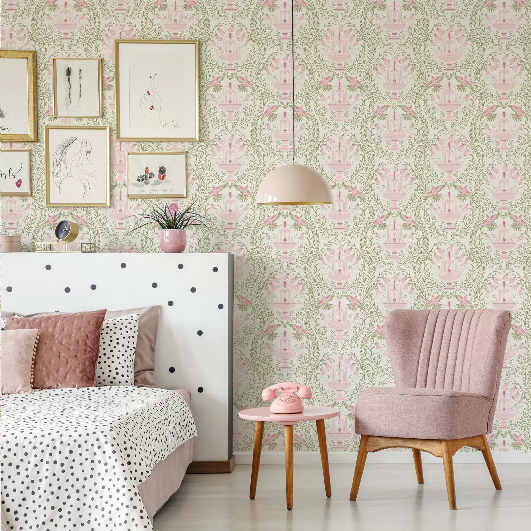 wall murals Фонтане, колибрији и зелени свици на светлој позадини a00723