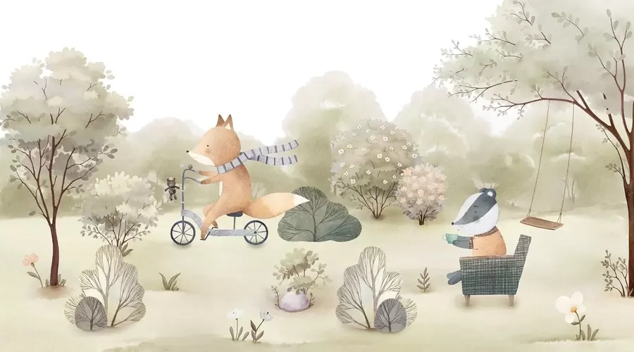 wall murals Лисица на бициклу и јазавац са чајем, шумске животиње у акварел стилу w09439