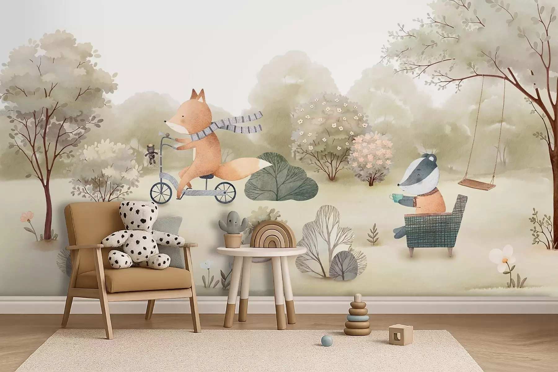 wall murals Лисица на бициклу и јазавац са чајем, шумске животиње у акварел стилу w09439