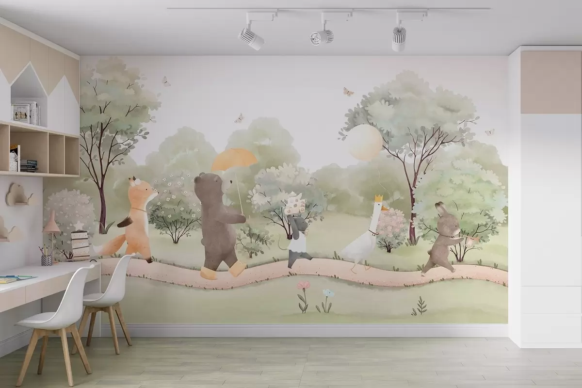 wall murals Свечано путовање малих животиња кроз шуму у стилу акварела w09440