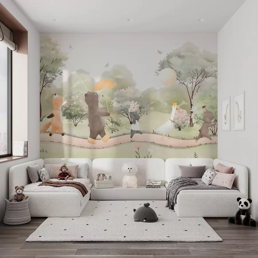 wall murals Свечано путовање малих животиња кроз шуму у стилу акварела w09440