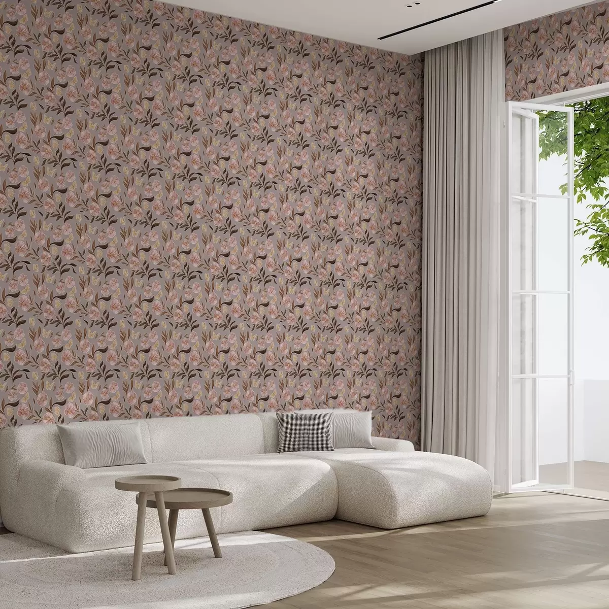 Позадина Ружичасти цветови и лептири на сиво-беж позадини a00633