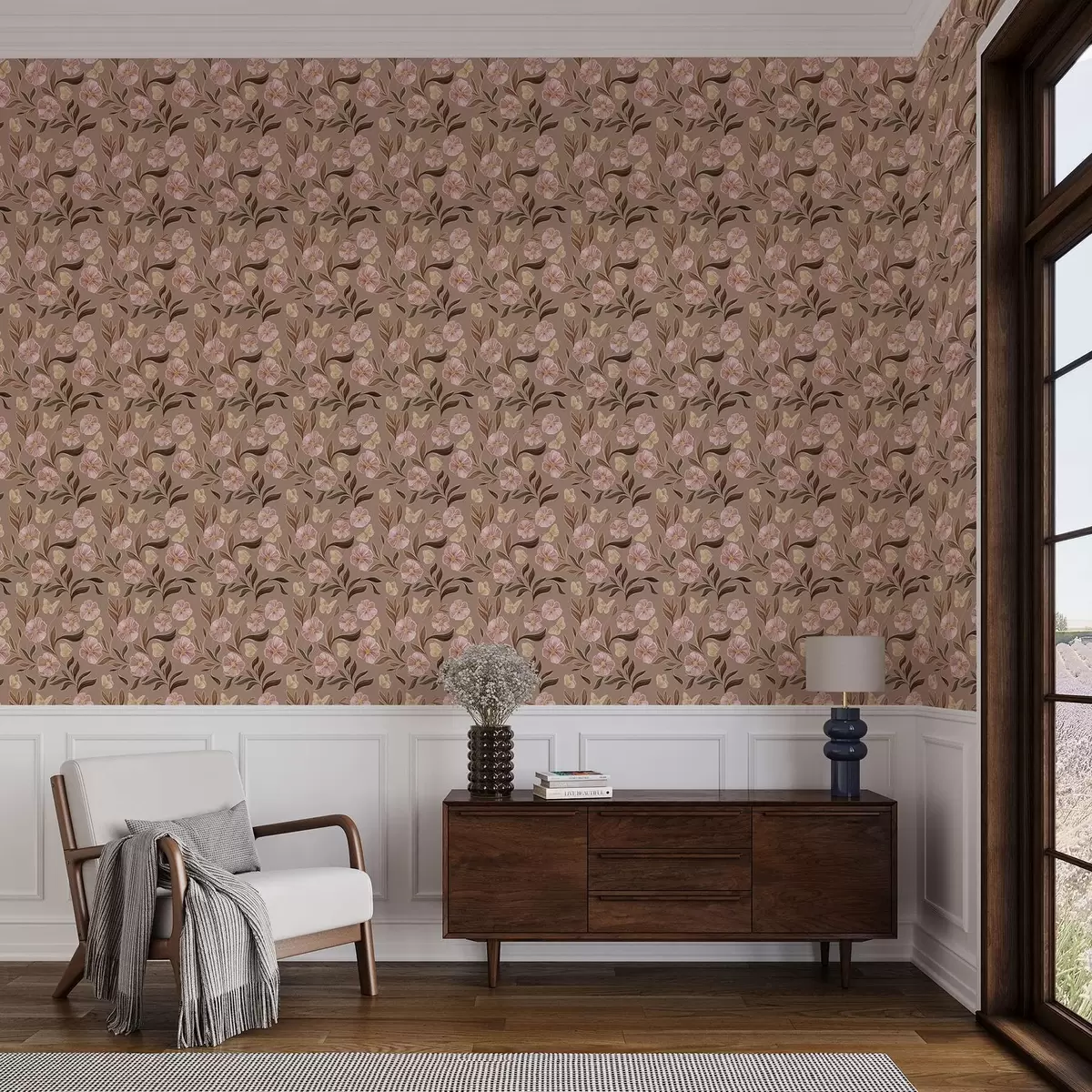 Позадина Ружичасто цвеће и лептири на топлој смеђој позадини a00633v1