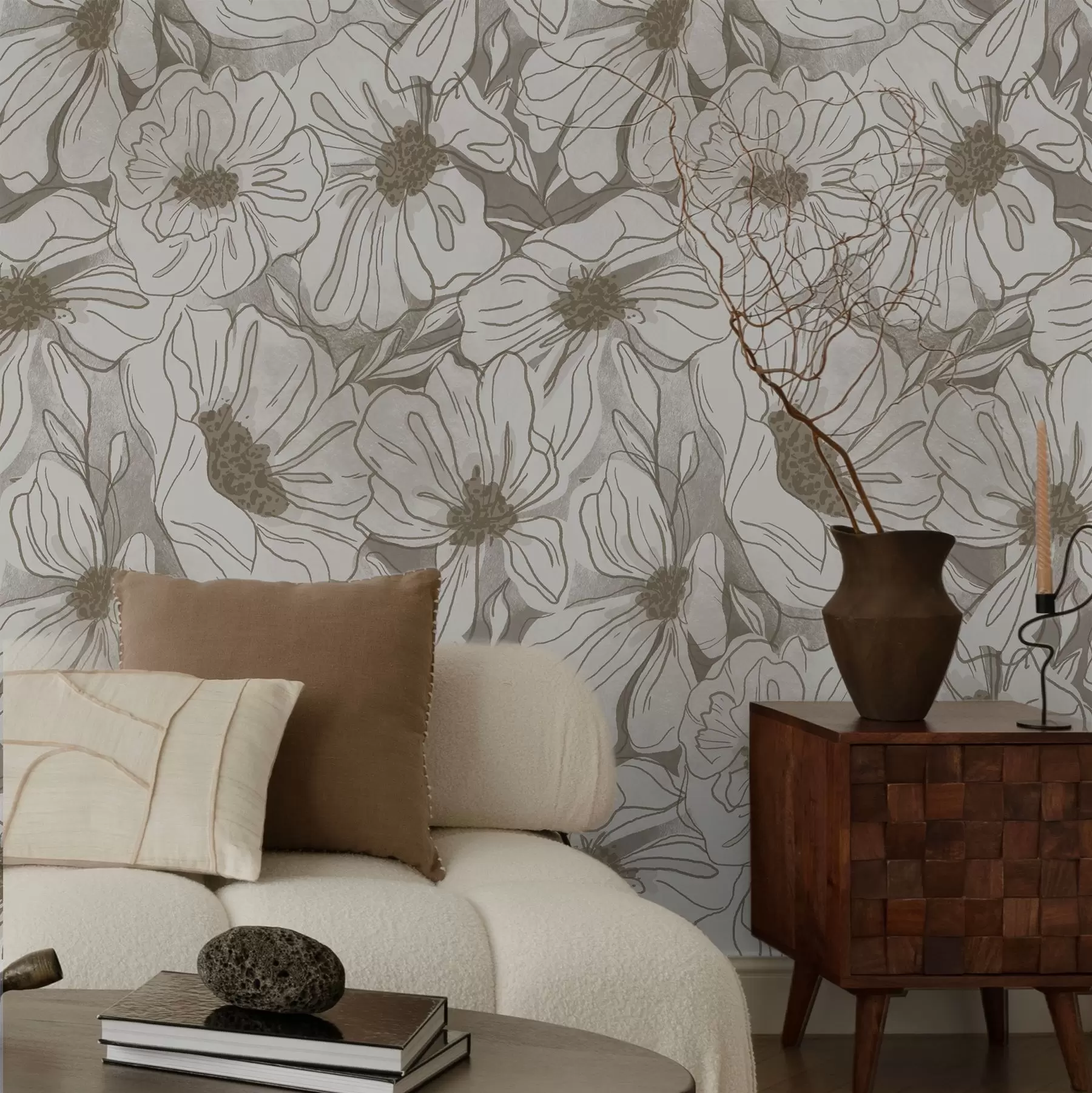 wall murals Линеарно цвеће у монохроматској беж-сивој палети a00636