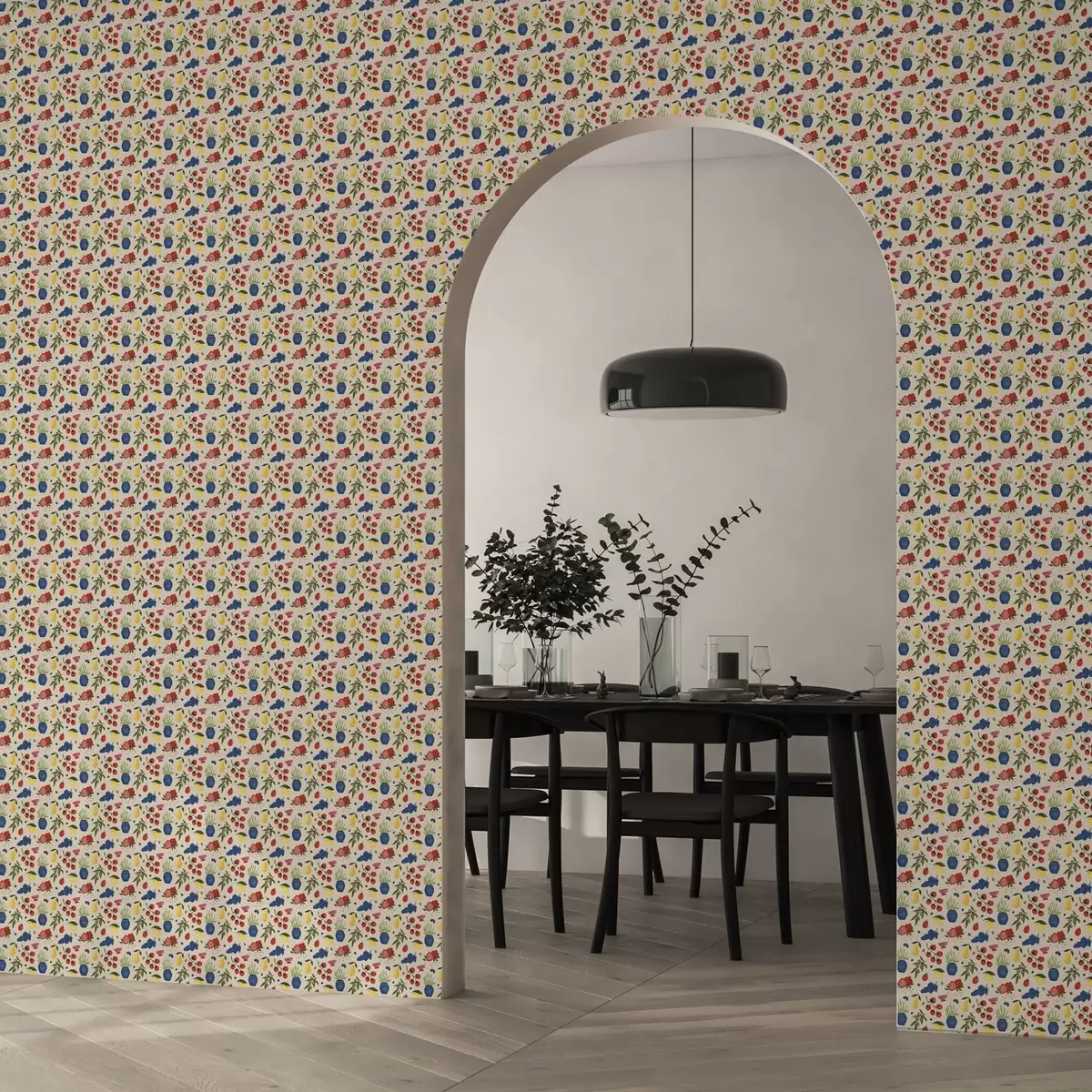 Позадина Живописан узорак са воћем, гранама и вазама a00637